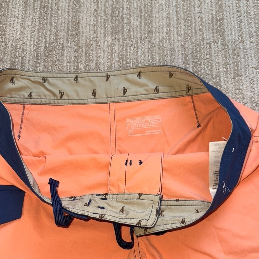 Patagonia Mens 31 Orange Patchwork Stretch Wavefarer Boardshorts Swim Surf Short - Picture 6 of 10
